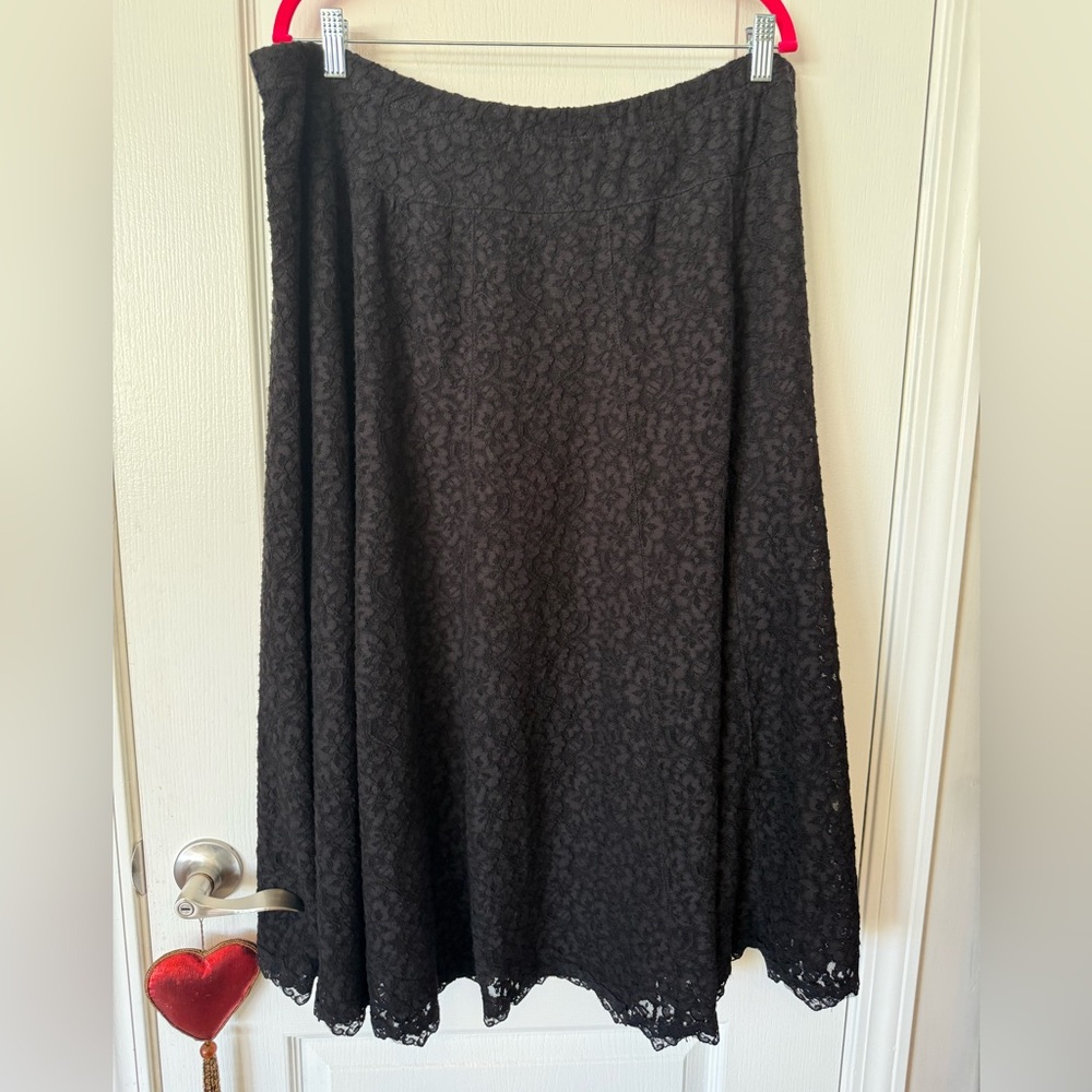 Susan Graver Lace Midi Skirt 2X Black Lined Elastic Waist Boho Classic